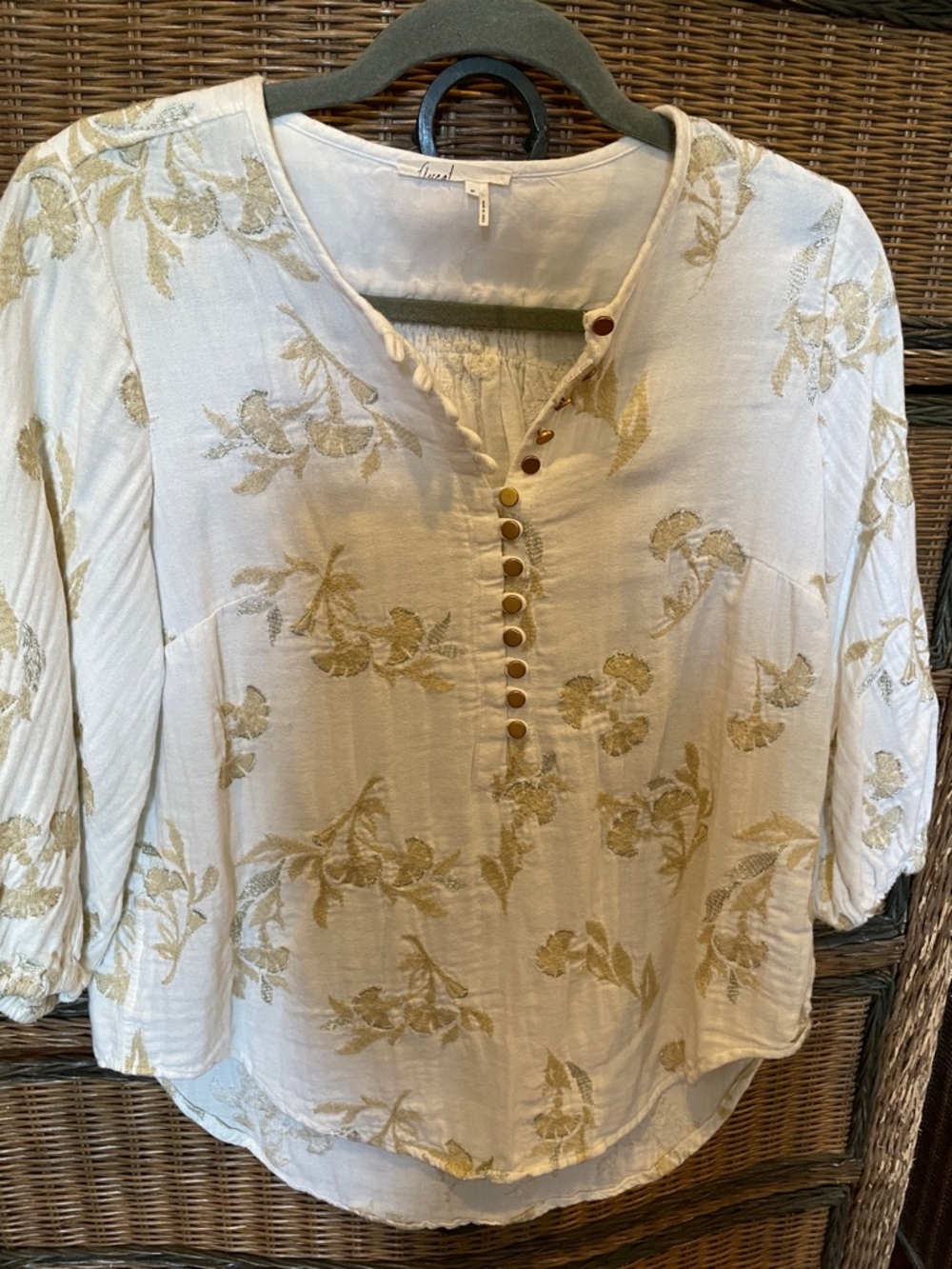 Floreat White Blouse with Gold Floral Embroidery and Button Henley